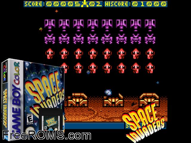 Space Invaders Gameboy Color game showing 3D box cover and gameplay screenshot