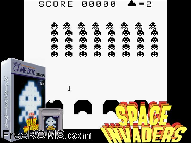 Space Invaders (Japan) Gameboy Color game showing 3D box cover and gameplay screenshot