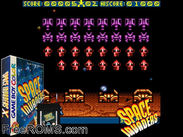 Space Invaders X (Japan) Gameboy Color game showing 3D box cover and gameplay screenshot