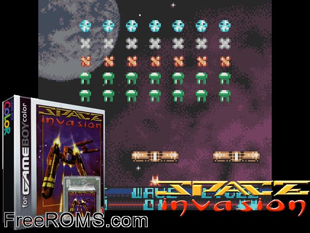 Space Invasion (Public Domain) Gameboy Color game showing 3D box cover and gameplay screenshot