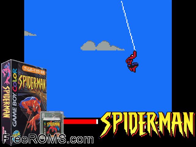 Spider-Man (Japan) Gameboy Color game showing 3D box cover and gameplay screenshot