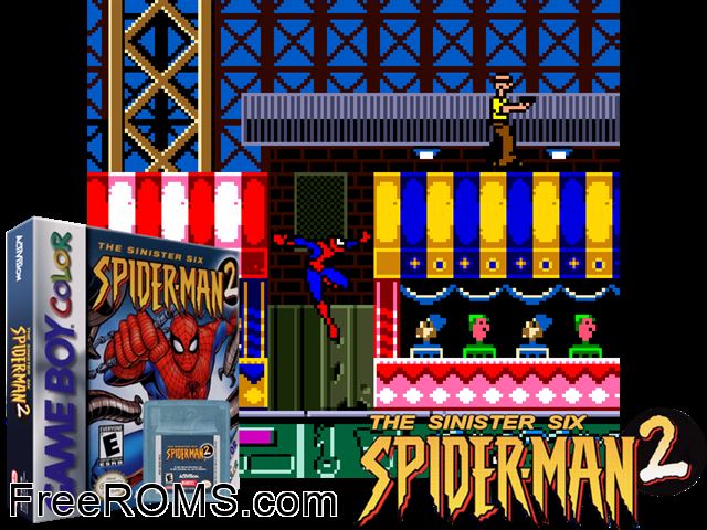 Spider-Man 2 - The Sinister Six Gameboy Color game showing 3D box cover and gameplay screenshot