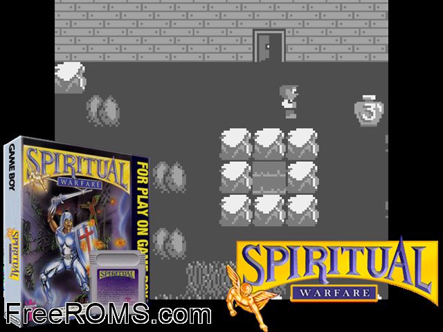 Spiritual Warfare Gameboy Color game showing 3D box cover and gameplay screenshot