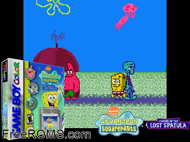 Spongebob Squarepants - Legend Of The Lost Spatula Gameboy Color game showing 3D box cover and gameplay screenshot