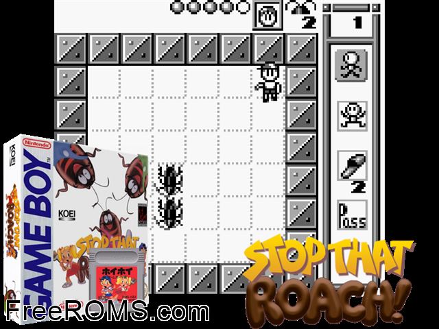 Stop That Roach! Gameboy Color game showing 3D box cover and gameplay screenshot