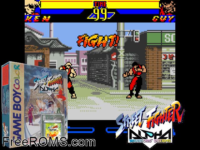 Street Fighter Alpha - Warriors Dreams Gameboy Color game showing 3D box cover and gameplay screenshot