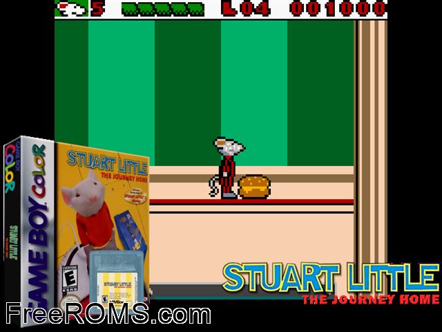 Stuart Little - The Journey Home Gameboy Color game showing 3D box cover and gameplay screenshot