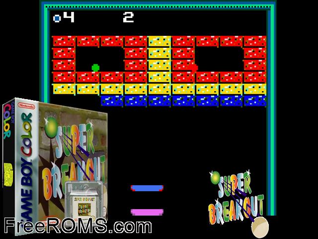 Super Breakout! Gameboy Color game showing 3D box cover and gameplay screenshot