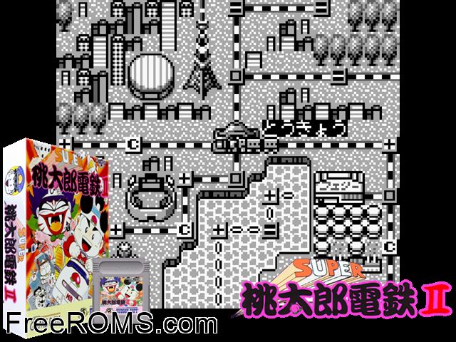 Super Momotarou Dentetsu Ii (Japan) Gameboy Color game showing 3D box cover and gameplay screenshot
