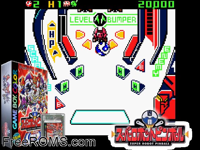 Super Robot Pinball (Japan) Gameboy Color game showing 3D box cover and gameplay screenshot