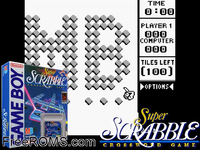 Super Scrabble Gameboy Color game showing 3D box cover and gameplay screenshot