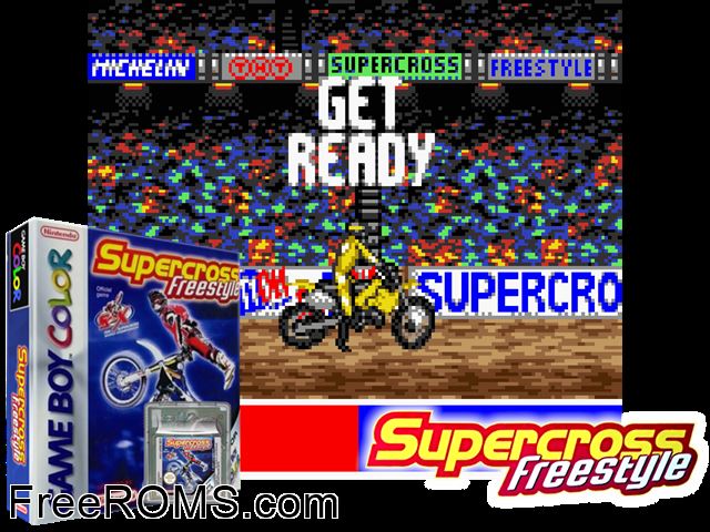 Supercross Freestyle Gameboy Color game showing 3D box cover and gameplay screenshot