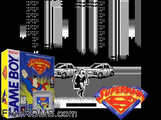 Superman Gameboy Color game showing 3D box cover and gameplay screenshot