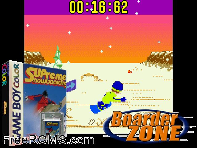Supreme Snowboarding Gameboy Color game showing 3D box cover and gameplay screenshot
