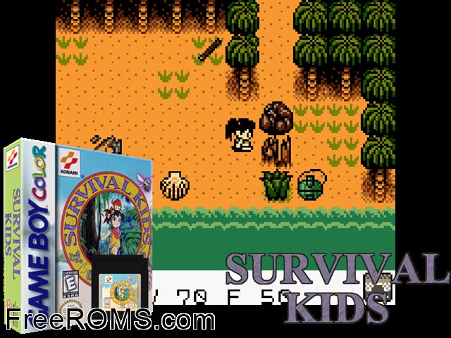 Survival Kids Gameboy Color game showing 3D box cover and gameplay screenshot