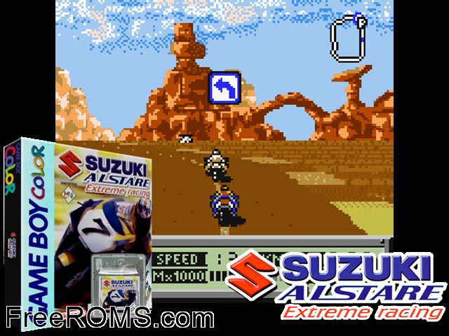 Suzuki Alstare Extreme Racing Gameboy Color game showing 3D box cover and gameplay screenshot