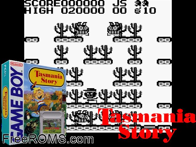 Tasmania Story (Japan) Gameboy Color game showing 3D box cover and gameplay screenshot