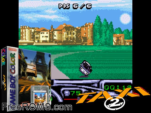 Taxi 2 (France) Gameboy Color game showing 3D box cover and gameplay screenshot