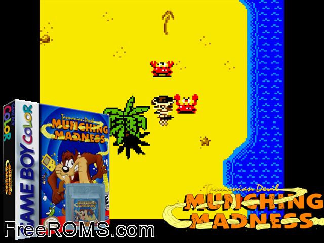 Tazmanian Devil - Munching Madness Gameboy Color game showing 3D box cover and gameplay screenshot