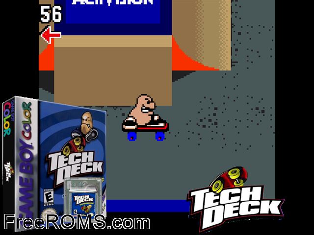 Tech Deck Skateboarding Gameboy Color game showing 3D box cover and gameplay screenshot