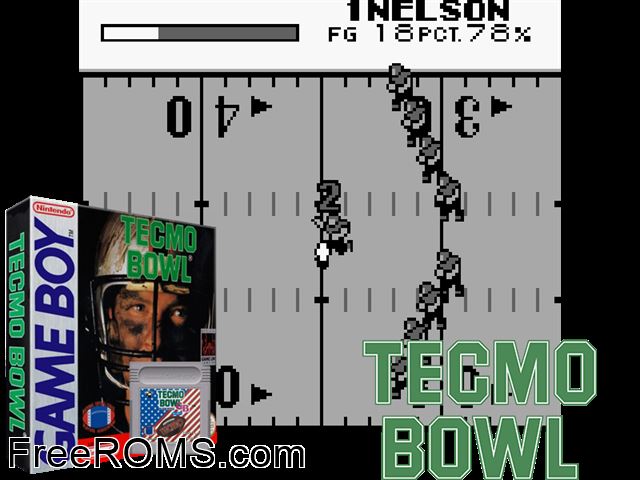 Tecmo Bowl Gameboy Color game showing 3D box cover and gameplay screenshot