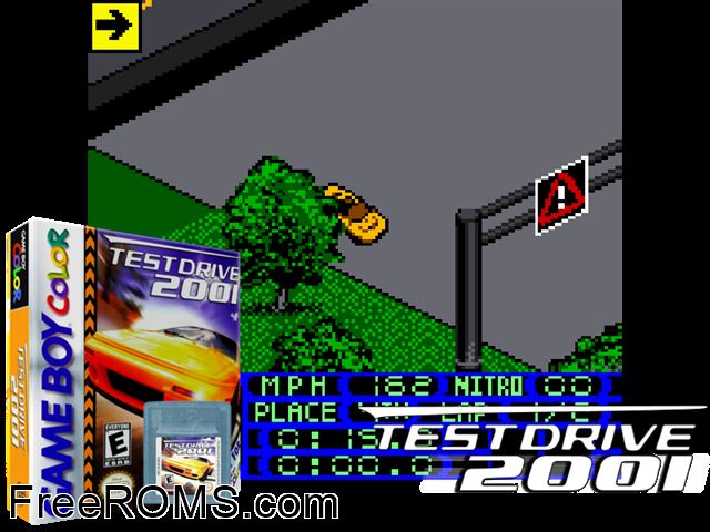 Test Drive 2001 Gameboy Color game showing 3D box cover and gameplay screenshot