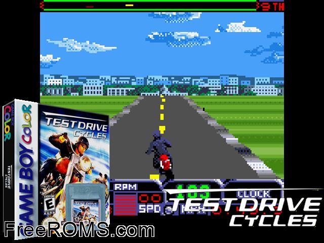 Test Drive Cycles Gameboy Color game showing 3D box cover and gameplay screenshot