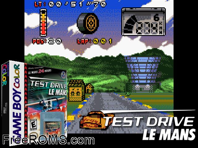Test Drive Le Mans Gameboy Color game showing 3D box cover and gameplay screenshot