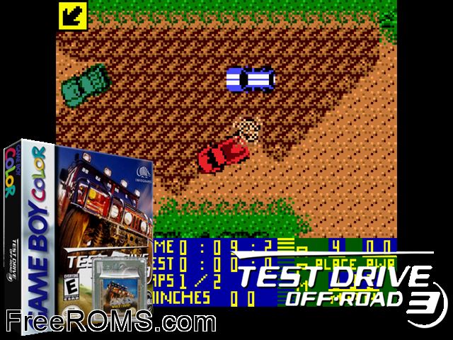 Test Drive Off-Road 3 Gameboy Color game showing 3D box cover and gameplay screenshot