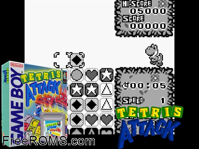 Tetris Attack (V1.1) Gameboy Color game showing 3D box cover and gameplay screenshot