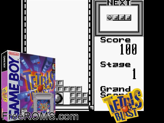 Tetris Blast Gameboy Color game showing 3D box cover and gameplay screenshot