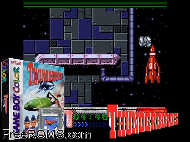 Thunderbirds Gameboy Color game showing 3D box cover and gameplay screenshot