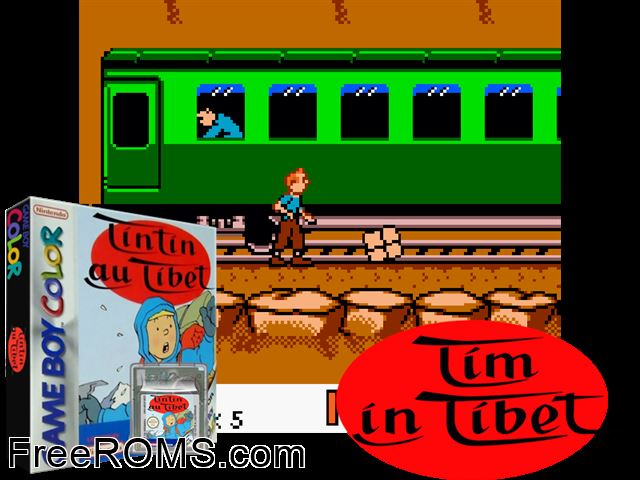 Tintin In Tibet Gameboy Color game showing 3D box cover and gameplay screenshot