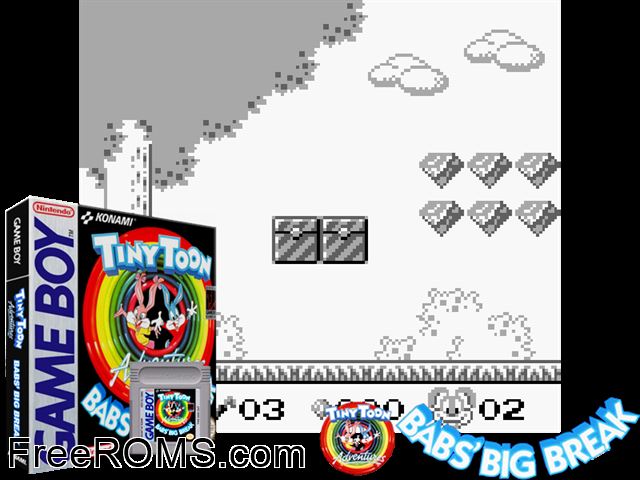 Tiny Toon Adventures - Babs Big Break Gameboy Color game showing 3D box cover and gameplay screenshot