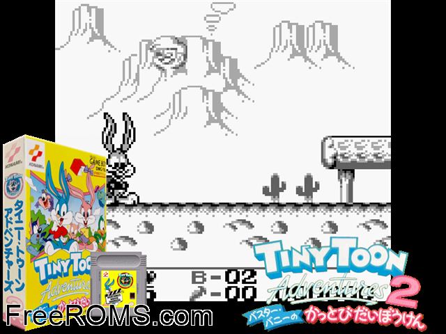 Tiny Toon Adventures 2 (Japan) Gameboy Color game showing 3D box cover and gameplay screenshot
