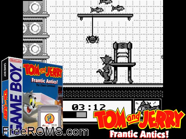 Tom And Jerry - Frantic Antics Gameboy Color game showing 3D box cover and gameplay screenshot