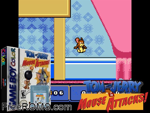 Tom And Jerry In Mouse Attacks! Gameboy Color game showing 3D box cover and gameplay screenshot