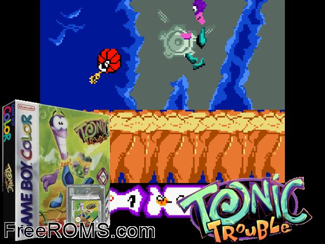 Tonic Trouble Gameboy Color game showing 3D box cover and gameplay screenshot