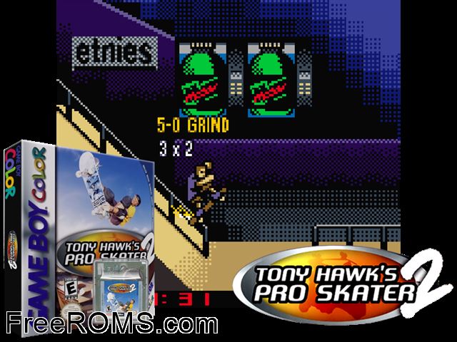 Tony Hawks Pro Skater 2 Gameboy Color game showing 3D box cover and gameplay screenshot