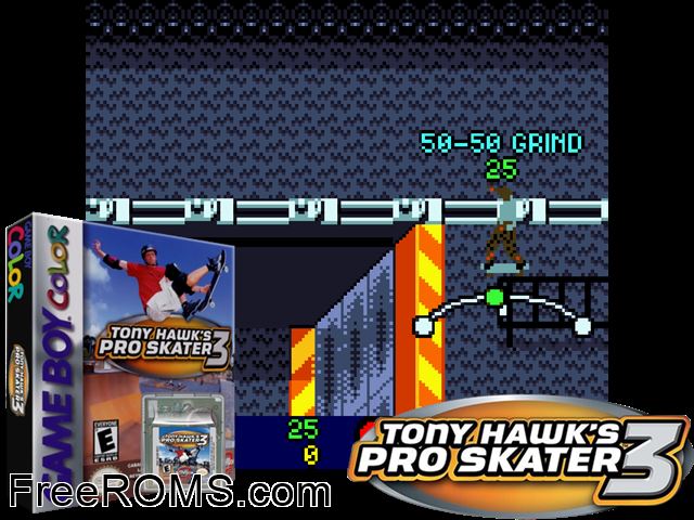 Tony Hawks Pro Skater 3 Gameboy Color game showing 3D box cover and gameplay screenshot
