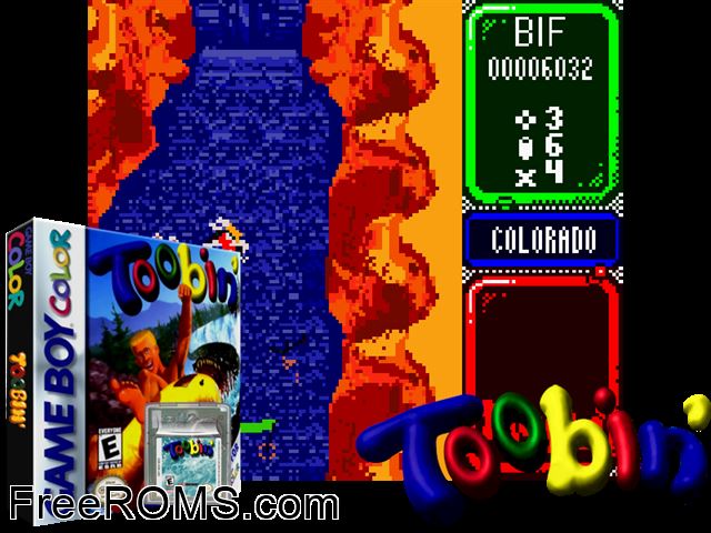 Toobin Gameboy Color game showing 3D box cover and gameplay screenshot