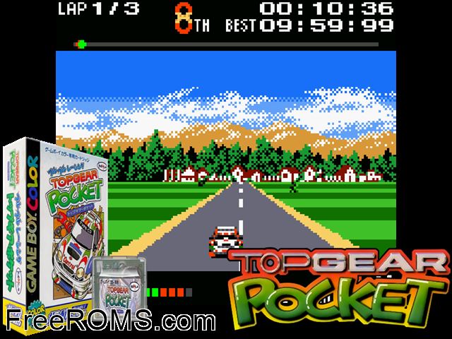 Top Gear Pocket Gameboy Color game showing 3D box cover and gameplay screenshot