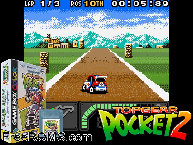 Top Gear Pocket 2 Gameboy Color game showing 3D box cover and gameplay screenshot