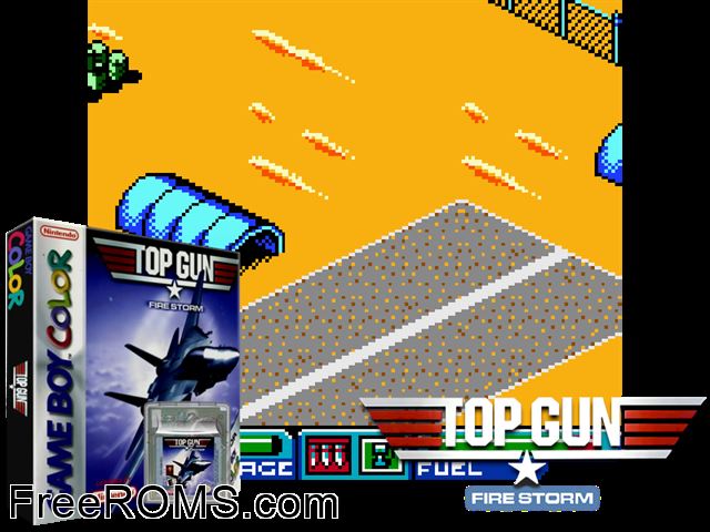 Top Gun - Fire Storm Gameboy Color game showing 3D box cover and gameplay screenshot