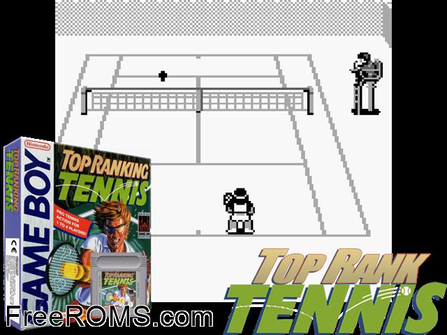 Top Ranking Tennis Gameboy Color game showing 3D box cover and gameplay screenshot