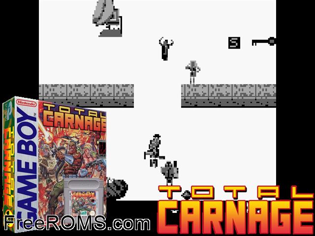 Total Carnage Gameboy Color game showing 3D box cover and gameplay screenshot