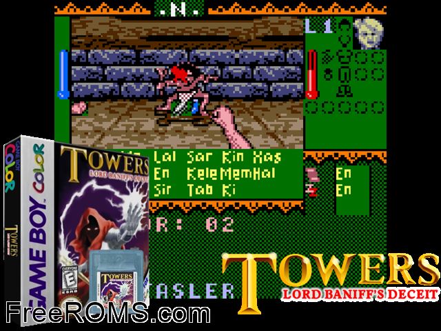 Towers - Lord Baniffs Deceit Gameboy Color game showing 3D box cover and gameplay screenshot