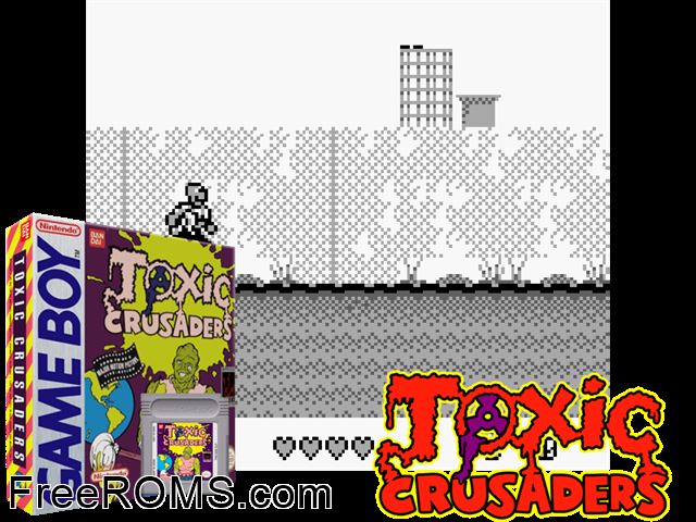 Toxic Crusaders Gameboy Color game showing 3D box cover and gameplay screenshot