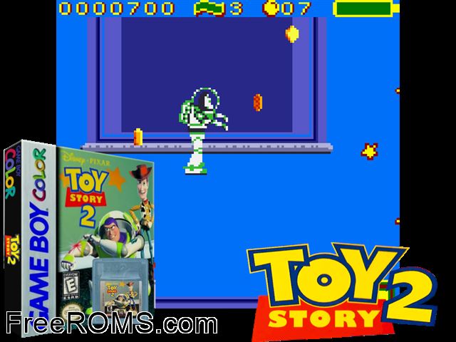 Toy Story 2 Gameboy Color game showing 3D box cover and gameplay screenshot