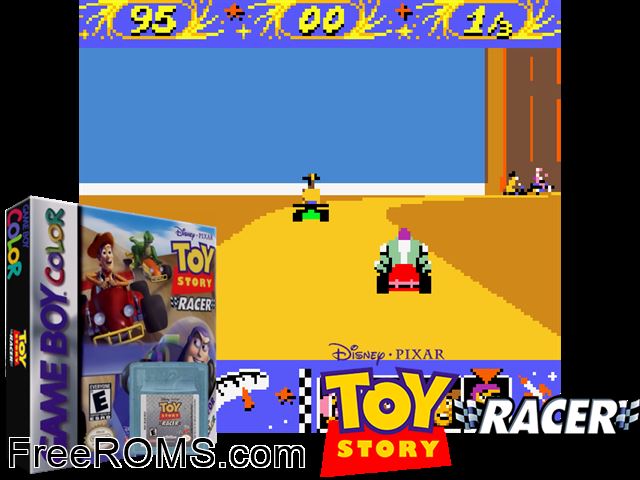 Toy Story Racer Gameboy Color game showing 3D box cover and gameplay screenshot